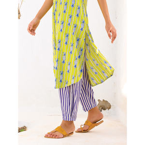 <b>Women's</b> Printed Cotton 2-Piece Kairi <b>Kurta</b> Set V-Neck Three Quarter Sleeve Regular Fit Casual Long Ankle Length Spring Summer - Product Image 6