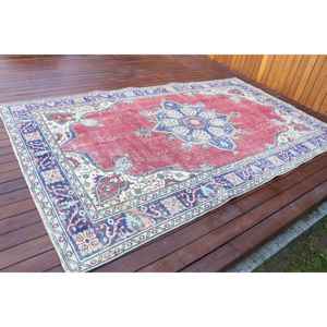 Alfombra de 5.9x9.5 pies, Alfombra Turca Vintage, Alfombra de Lana Roja y Azul Estilo Suroeste - Product Image 2