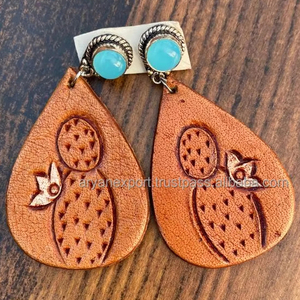 New Fashion Western Style Hand Tooled Carving Leather <b>Earrings</b> Women Cute Trendy Teardrop <b>Earring</b> Tooled Leather FashionJewelry - Product Image 2