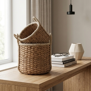Juego de Cestas de Almacenamiento de Jacinto de Agua Natural y Pasto Marino, Macetas Cilíndricas con Asa Trenzada, Decoración Artística para el Hogar - Product Image 6