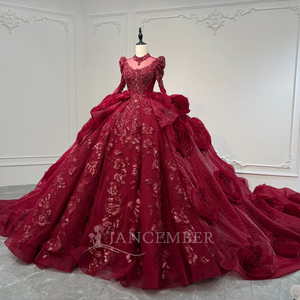 Jancember XS260 Abito da Sera Musulmano Bordeaux con Motivi Floreali e Volant Stile Impero - Product Image 2