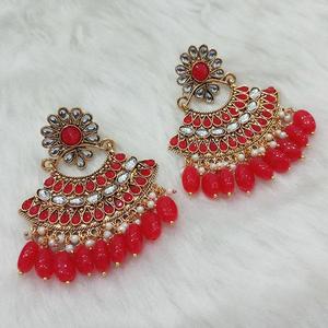 Kriaa Vintage Gold Plated Kundan Dangle <b>Earrings</b> with Red <b>Garnet</b> Pearl and Diamond for Weddings and Parties-1312916A - Product Image 1