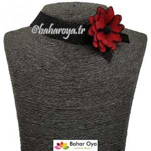 İğne Oyası Tasma Çiçek Kolye Kırmızı-Siyah Moda Tasmanya Bejletli Kolye - Product Image 1