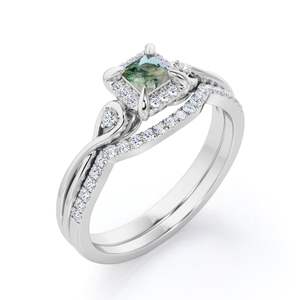 Anillo de Plata de Ley 925 con Doble Banda, Corte Princesa Clásico, Ágata Verde Musgo y Circonita con Engaste de Garras para Boda, Compromiso o Fiesta - Product Image 4