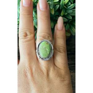 Navajo-Made <b>Boho</b> Style <b>Ring</b> with Australian Gaspeite & Sterling <b>Silver</b> Size 8.75 Cut Turquoise & Opal for Everyday Wear - Product Image 2