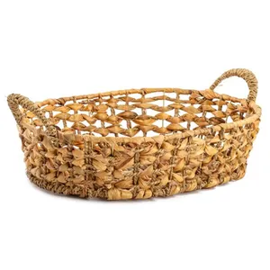 Handmade Natural Water hyacinth bread food desert tray fruit basket woven bamboo rattan storage basket seagrass serving trays