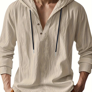 Camisa Henley Ligera de Lino con Capucha para Hombre, Camiseta Informal de Manga Larga con Botones y Cordón, Color Sólido - Product Image 3