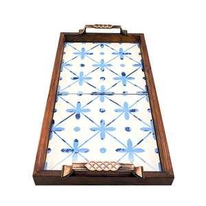 Plateau moderne en bois de noyer pouf avec poignées plateau de service pour la décoration de salon idée cadeau pour la maison - Product Image 5