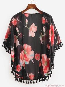 Women <b>Kimono</b> Cover up V Neck Flower Pattern Front Open Train Bottom Frill Casual Printed Chiffon A-Line Knee-Length Tunics - Product Image 5