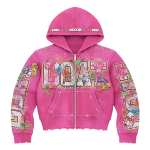 Sweat à capuche zippé strass lourd sweat à capuche en détresse pour hommes lavé à l'acide personnalisable broderie printemps sweats à capuche 2025 - Product Image 5