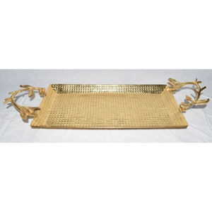 Plateau de service en laiton attrayant avec poignées de fleurs décoratives fabriquées à la main martelé parfait pour la décoration intérieure et les ustensiles de cuisine - Product Image 5