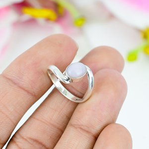 Sterling Silver White Chalcedony Solitaire Ring Smooth Round Cabochon Minimalist Open Band Gemstone Jewelry For Women - Product Image 1