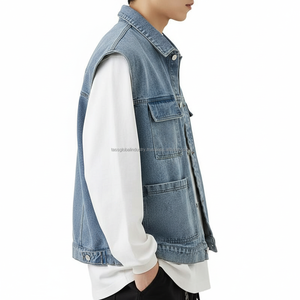 Chaleco vaquero utilitario personalizado OEM para hombre, chaleco vaquero sin mangas con múltiples bolsillos, chaleco informal ajustado azul vintage lavado con 4 bolsillos - Product Image 4