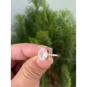 925 Silver Oval Cut Rose <b>Quartz</b> <b>Ring</b> Romantic Gemstone Engagement Rhodium Plated Set with Natural Stone Inlaid with Diamond - Product Image 5