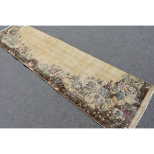 Alfombra de lana turca Vintage, área de 240x980 pies, diseño de retazos clásico Beige marrón, látex Rectangular hecho a mano para pasillo para dormitorio - Product Image 4