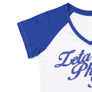 Zeta Phi Beta Sorority T-shirt à col en V manches raglan blanches et bleues Vêtements de vie grecs T-shirt décontracté en coton doux Haut confortable - Product Image 3