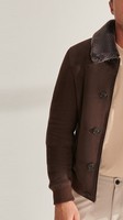 Blouson aviateur en cuir suédé véritable avec col en peau de mouton, couleur chocolat, échantillon et personnalisation disponibles