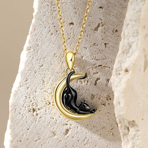 Jeulia Sterling Silver <b>Black</b> <b>Cat</b> Crescent Moon Necklace with Zircon - Product Image 6
