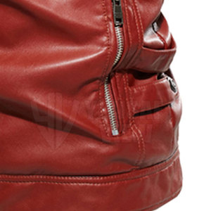 Blouson moto en cuir PU rouge pour homme, col montant, fermeture éclair, coupe ajustée, style motard, pour l'automne - Product Image 6