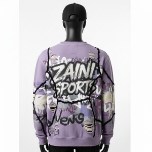 Sweat-shirt pour homme en coton mélangé 330 GSM, violet, design graffiti délavé, broderie personnalisée, impression de logo, sweat-shirts basiques - Product Image 2