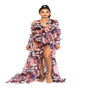 Robe de plage imprimée pour femmes avec finition élégante, vêtements de plage pour femmes avec manches bouffantes, imprimés contemporains pour femmes - Product Image 4