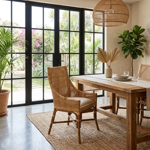 Natural <b>High</b> <b>Back</b> Woven Rattan Dining Armchair Cushioned Seat Light Brown Outdoor Patio <b>Garden</b> <b>Chair</b> Setup Art Design Decor - Product Image 5