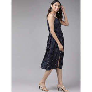 Vestido Corto Casual Estilo Vintage Azul de Rayón con Cuello en V, Estampado Floral a Rayas, Silueta Lápiz, Cintura Natural y Botones - Product Image 1