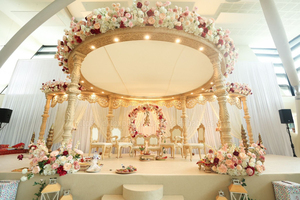 Indian <b>Wedding</b> Triple Pillar Mandap Setup Multi-Event Golden Hindu Fiber Mandapam Customizable Usa Marriage Stage DST Export USA - Product Image 5