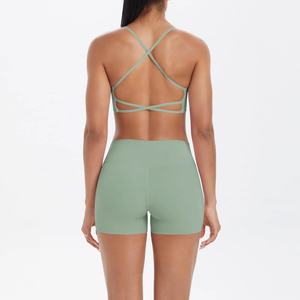 Ensemble de yoga 2 pièces à motif solide Logo avant personnalisé Taille élastique Respirant Manches courtes Logo avant à motif solide positionné - Product Image 4