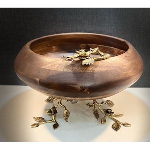 Modern Style <b>Wooden</b> Serving Bowl Elegant <b>Wooden</b> Bowl With Golden <b>Butterfly</b> Accents Home Decorative Table Top Salad Bowl - Product Image 2