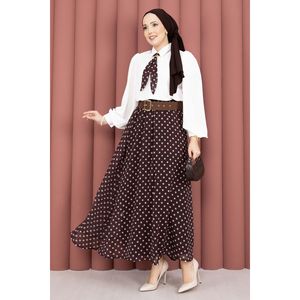 ชุดเซ็ตเสื้อเชิ้ตชีฟองสีน้ำตาลทรงหลวมสำหรับผู้หญิง พร้อมผ้าพันคอพิมพ์ลายจุด กระโปรงลายดอกไม้ความยาวปานกลาง เสื้อครอป สไตล์คลับ มีหลายขนาดให้เลือก - Product Image 1