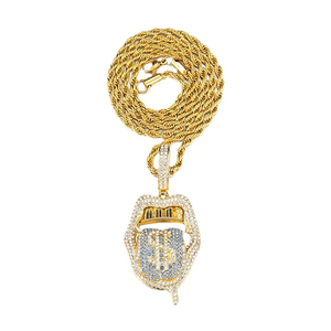 Hip Hop <b>Crystal</b> Iced Out Custom Pendant Tennis <b>Necklace</b> Chain Jewelry Sets Dollar Sign Tongue Men Pendant Gold Cuban Chain - Product Image 3