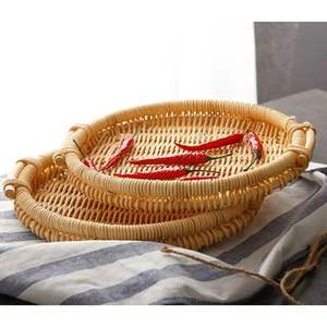 Plateau en rotin de bambou fait main plateau en rotin avec poignée tissé à la main rond haut mur plateaux de séparation des aliments multi-usages - Product Image 5