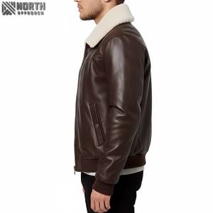 Chaqueta de cuero de color sólido marrón personalizada de alta calidad para hombre con decoración bordada Servicio Oem disponible Chaqueta de bombardero personalizada - Product Image 3