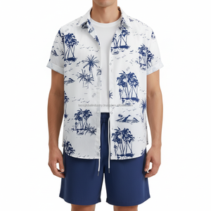 Ensemble imprimé tropical personnalisé pour homme - Chemise à manches courtes à motif de palmiers blancs et short bleu, tenue d'été en 2 pièces - Product Image 1
