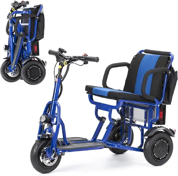 Klaar Om Te Verzenden Gloednieuwe Opvouwbare Scootmobiel, Cougar Blauw Lichtgewicht Draagbare Scooter Voor Volwassenen 3 Wiel Gemotoriseerde Scooter