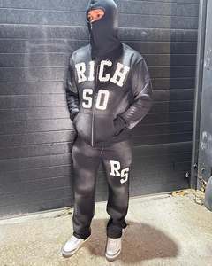 Acid Wash Sweat Suits Cotton Thick Zip up Applique Embroidery <b>Patch</b> Flared Full Tracksuits Hoodies and Sweatpants Sets for Men - Product Image 5