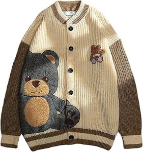 Cardigan en tricot pour femmes avec broderie d'ours mignon, décontracté, ample, boutonné, à manches longues, style varsity, veste en maille - Product Image 2