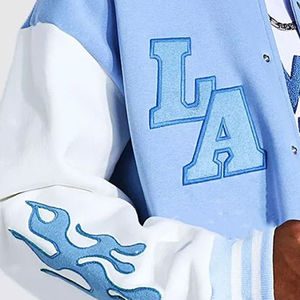 Custom Blue White Stand Collar Front Embroidered Logo <b>Slim</b> <b>Fit</b> <b>Men's</b> Varsity <b>Jacket</b> Button-Up Baseball Style Winter Warm - Product Image 3