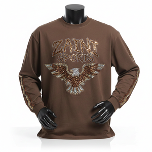 T-shirt à manches longues en coton de haute qualité, marron chocolat, avec strass en cristal, transfert thermique, logo personnalisé, pour hommes - Product Image 1