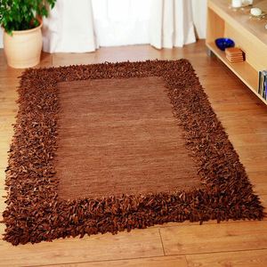 Ensemble de tapis et de moquettes en cuir fait main, à poils longs, motif abstrait, hauteur de poils en peluche, style uni, antidérapant, beige, pour usage domestique - Product Image 2