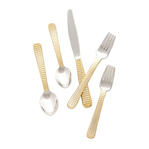 Cubiertos de acero inoxidable con mango dorado en relieve a cuadros de latón, cubiertos decorativos de Metal, juego de cubiertos dorados - Product Image 1