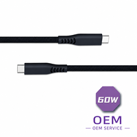 Cable de Carga Rápida PD60W 3A Tipo-C a Tipo-C de 1.5m, Negro, de Nailon, con Conectores de Cobre Estañado, para Teléfono Móvil, Computadora y Tableta, 20V 3A, 1 Pieza
