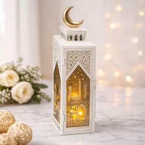 Lanterne de Ramadan en métal blanc élégante avec un éclairage LED chaud, design ajouré complexe, décoration de table suspendue, cadeau de fête pour la maison - Product Image 4