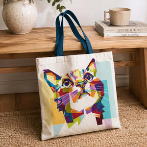 Sacs fourre-tout en toile de coton à motif géométrique chat vibrant, durables et écologiques pour usage quotidien, cadeaux, publicité, personnalisation sérigraphiée - Product Image 1