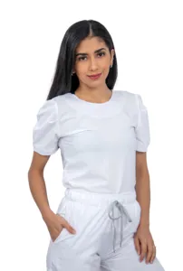 Женский комплект из белого СКРАБА с круглым вырезом и стрейч-штанами для бега, карманами-карго (на заказ)