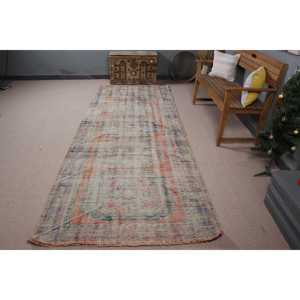 Alfombra Vintage de 4x10.8 pies, Alfombra Turca, Alfombra de Lana con Diseño Floral Azul - Product Image 3