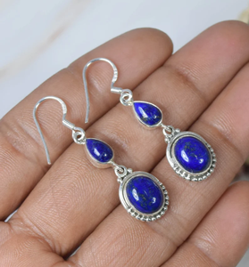Nouvelle arrivée 925 argent Sterling bleu Lapis Lazuli pierre précieuse crochet boucle d'oreille septembre pierre de naissance 2 pierre boucle d'oreille élégante boucle d'oreille - Product Image 1