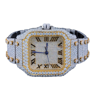 Montre mécanique de luxe antique en moissanite et diamant, acier inoxydable plaqué or jaune, 41 mm, chiffres romains, verre, charme - Product Image 1