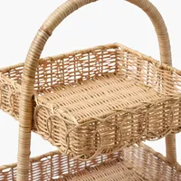 Plateau de présentation multifonctionnel carré en rotin naturel tressé à la main à 2 niveaux avec poignée pour la cuisine et la décoration intérieure, taille personnalisable